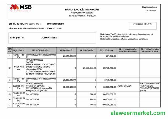 Vietnam MSB Bank account statement Word and PDF template